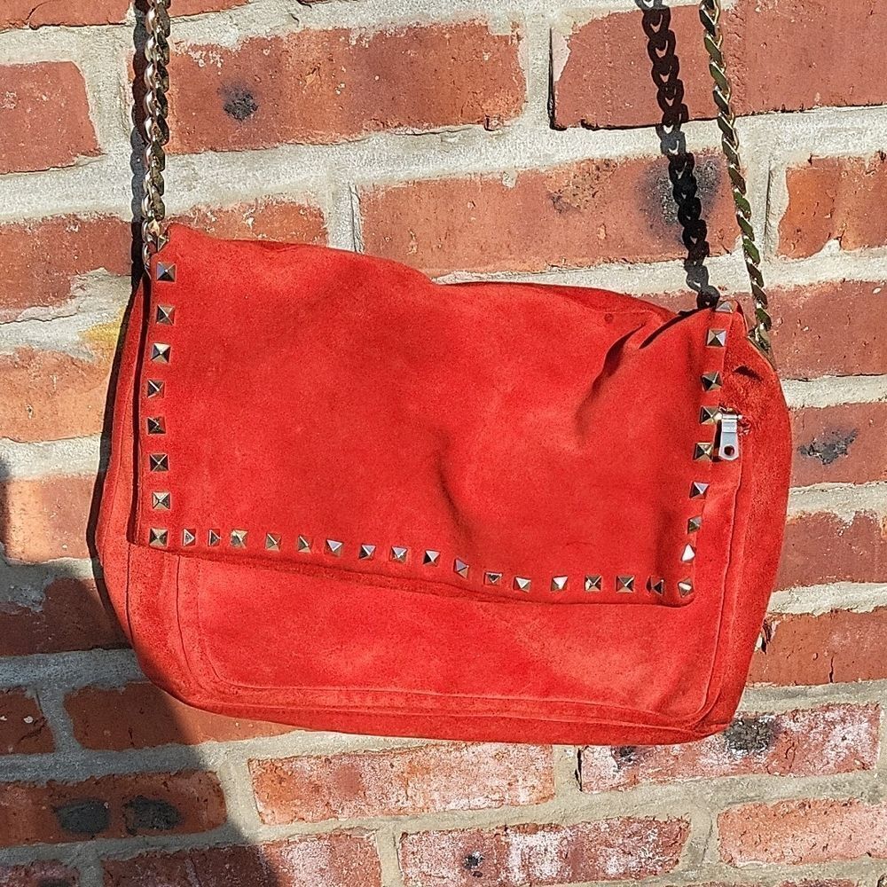 ZARA Red Suede Studded Shoulder Bag